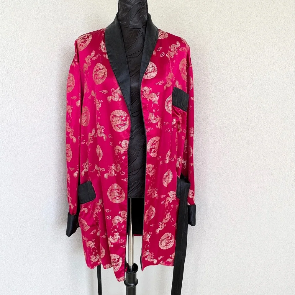 Vintage 70s Solz Squirrel Dragon Brocade Kimono Short Robe Mens 52/L Red Black